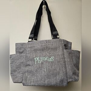 Gray Tote Bag with Phineas  Embroidered in Seafoam Green
